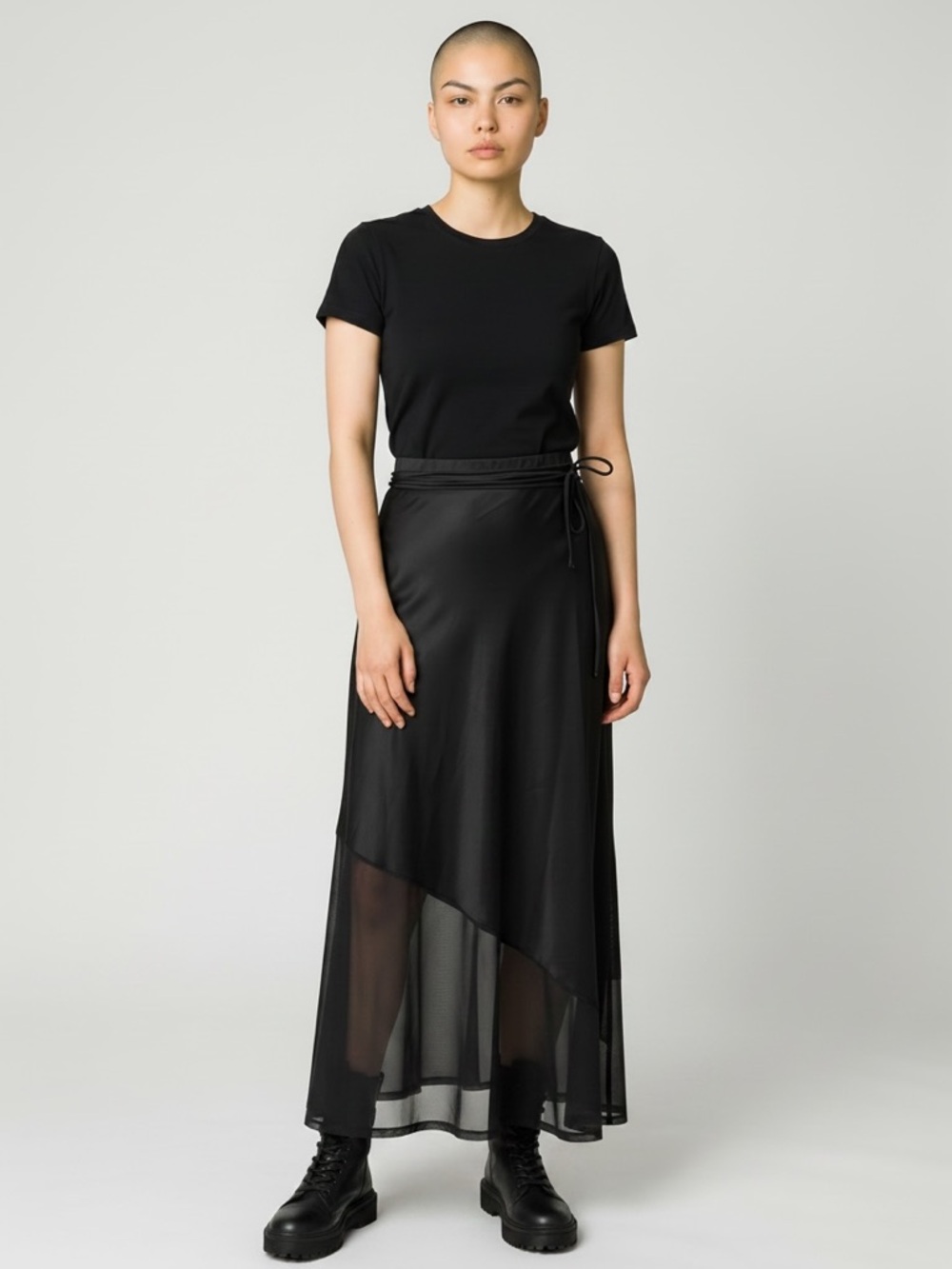 Foxblood Black Satin Maxi Skirt 3XL Asymmetrical Sheer Tie Waist Witchy Goth